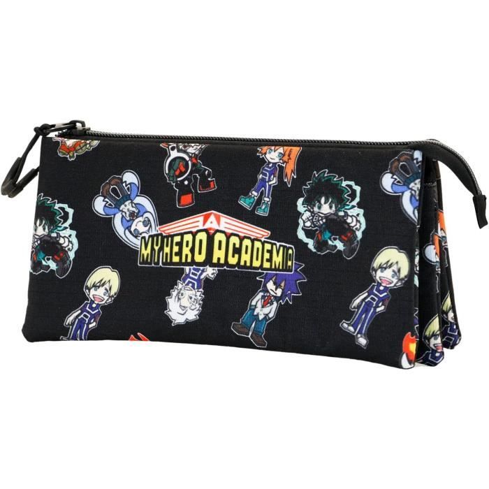 Safta My Hero Academia Trousse Triple Grande - Trousse Écolier Enfant 21,5 X 8 X 10 Cm, Noire, Résistante Et Spacieuse