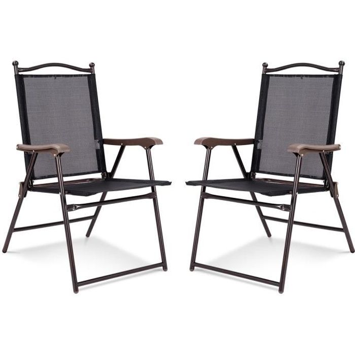 costway lot de 2 chaises de jardin pliantes en textilène & métal, fauteuil jardin avec accoudoirs, dossier pour plage, camping noir