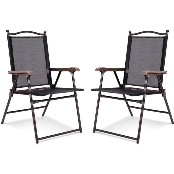 COSTWAY Lot de 2 Chaises de Jardin Pliantes en Textilène & Métal, Fauteuil Jardin avec Accoudoirs, Dossier pour Plage, Camping Noir