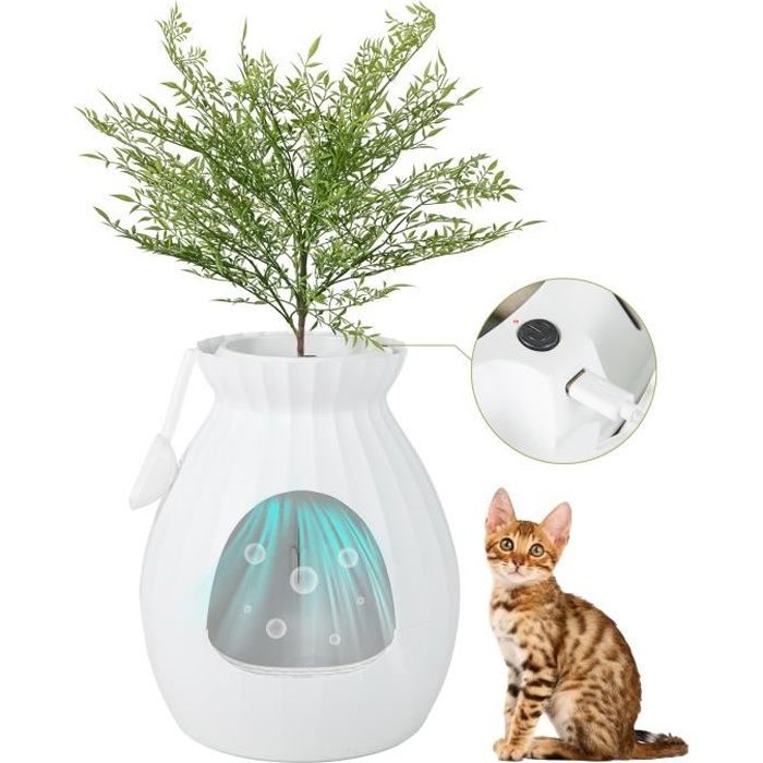 COSTWAY Bac à Litière pour Chat 63L - Désodorisation Désinfection Intelligentes - Plante Artificielle Galets Rideau de Porte Pelle