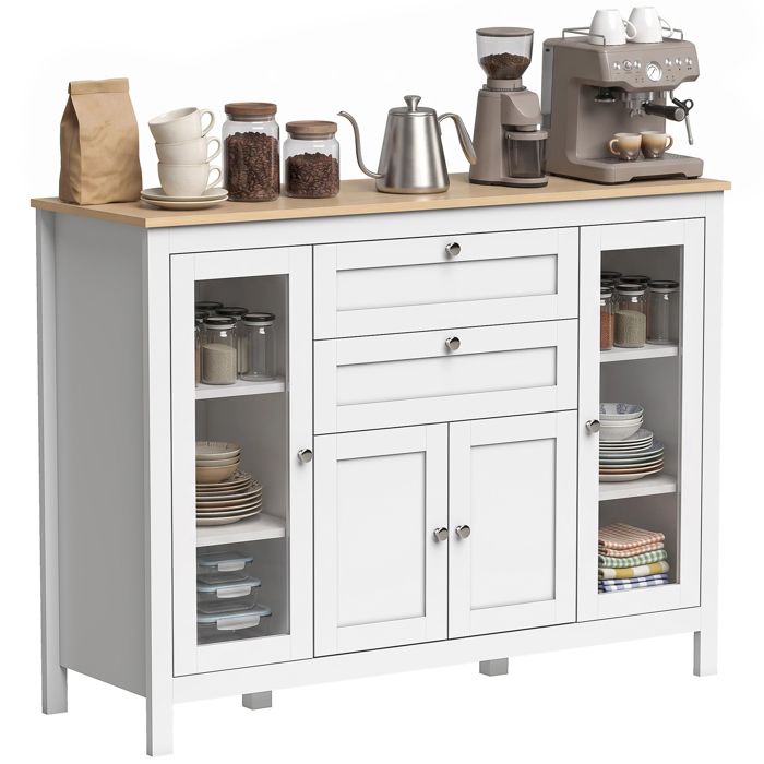 Buffet salon - meuble rangement - HOMCOM - 1 placard 2 placards vitrés 2 tiroirs réglable - bois - 120x40x90cm - blanc