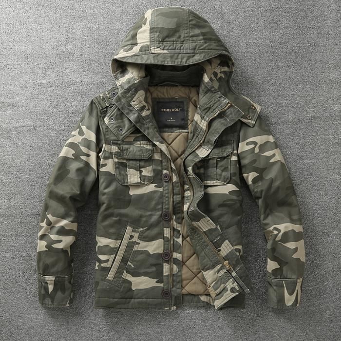 Blouson Hiver Militaire Homme Epais Chaude A Capuche en Coton Multi Poches Mi Longues INSFITY Camouflage