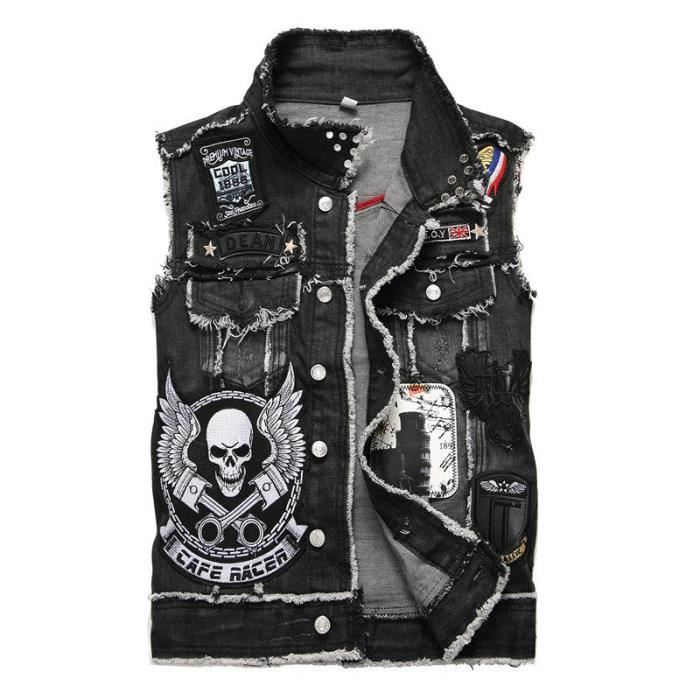 Gilet en Jean Homme Broderie Slim Fit Effet D lav Veste Fashion
