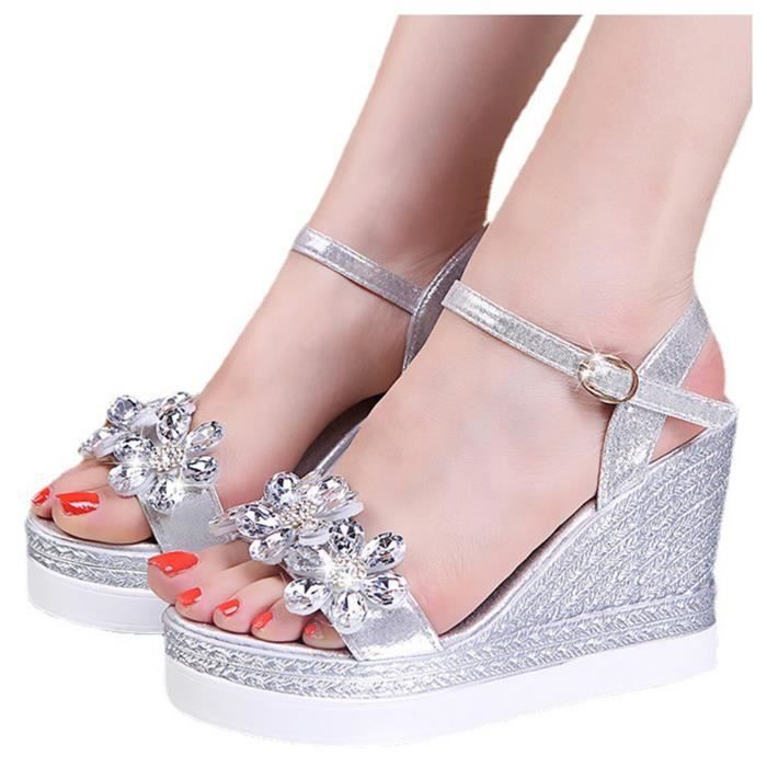 Sandales compensees Femme Argente Xu283 Compense Femme Gris Synthetique Boucle de serrage Argente Cdiscount Chaussures