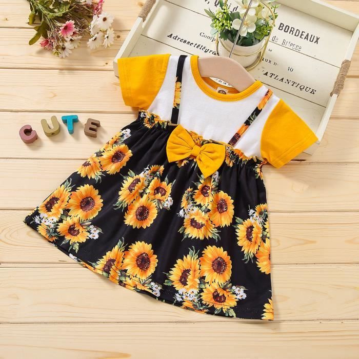 Robe Robe de princesse Bowknot imprimee tournesol a manches courtes pour tout petit bebe fille Jaune Cdiscount Pret a Porter