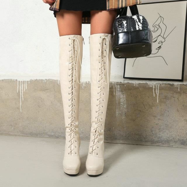 Beige Bottes En Cuir Pu Pour Femmes Au dessus Du Genou Plate forme Talons Hauts Carres Longues Mode Chaussures D hiver Beige Beige Cdiscount Chaussures