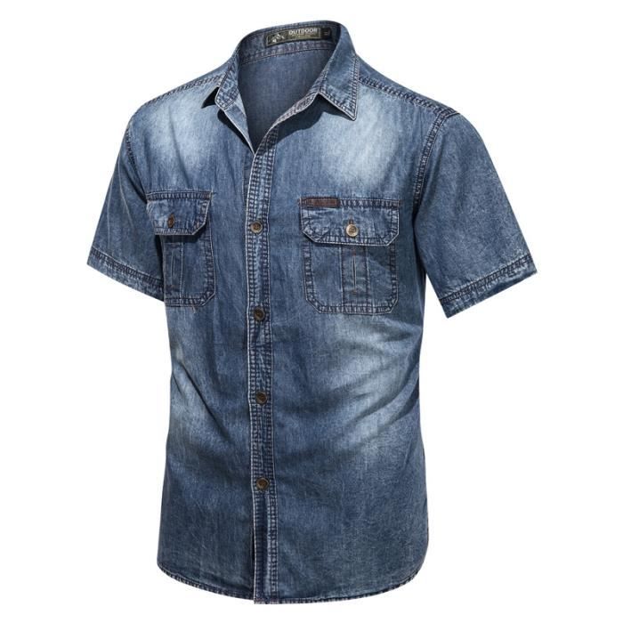 Chemise en Jean Homme Manches Courtes Casual Chemisette Ete Avec