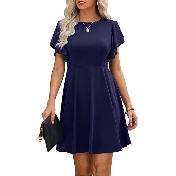 Femme Ete Casual Col Rond Swing Une Ligne Robes Plisse Manche Courte Ruffle Patineur Cotail Partie Mariage Mini Robe Bleu Marine M Bleu marine Cdiscount Pret a Porter