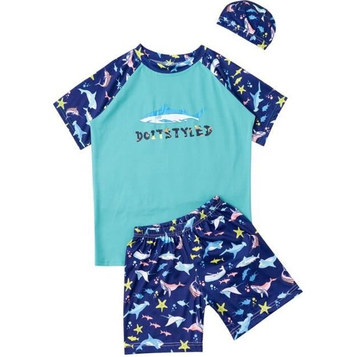 Maillot De Bain 3 Pièces Bébé Garçon Anti-UV - T-shirt + Short + Bonnet - Protection Solaire - 7
