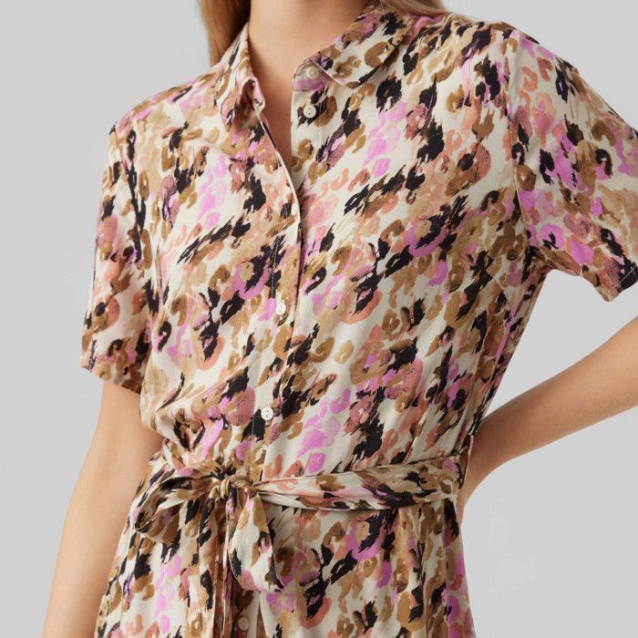 Robe longue chemise manches courtes avec ceinture taches de