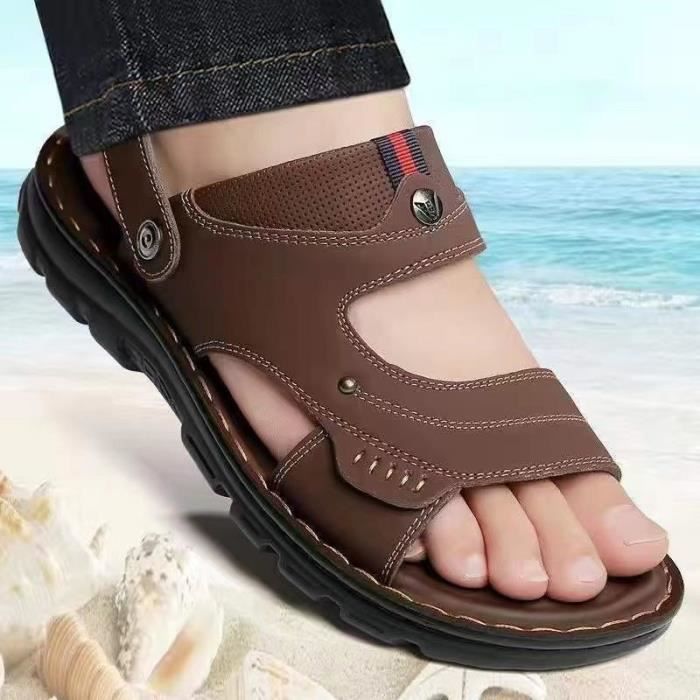 Sandales Homme Ete Cuir Bout Ouvert Chaussures de Plage Respirante