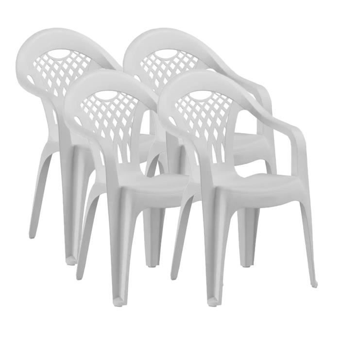 Lot de 4 chaises de jardin empilables en résine coloris Blanc - Longueur 58 x Profondeur 54 x Hauteur 86 cm Lot de 4 chaises de jardin empilables en résine coloris Blanc - Longueur 58 x Profondeur 54 x Hauteur 86 cm