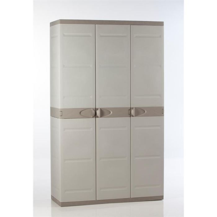 Armoire haute de rangement PLASTIKEN TITANIUM - 3 portes, étagères et penderie - Beige et Taupe