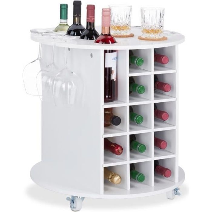 Relaxdays Etagère bouteilles de vin, design, à roulettes, 17 bouteilles, Porte-bouteilles, rond, HxD : 56 x 54cm, blanc -