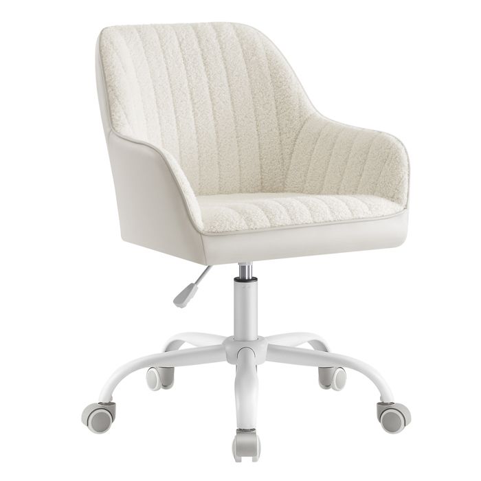 Chaise de Bureau Tissu Peluche Respirant et PU Rembourrage en Mousse Hauteur Réglable Beige Cappuccino et Blanc Nuage Chaise de Bureau Tissu Peluche Respirant et PU Rembourrage en Mousse Hauteur Réglable Beige Cappuccino et Blanc Nuage