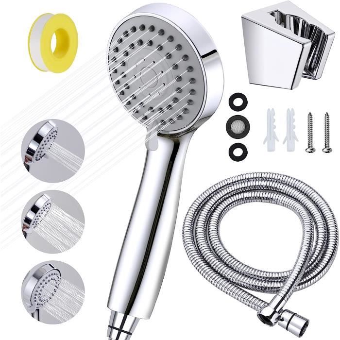 Pommeau De Douche GIONAR Avec Filtre Et 3 Jets - Économe En Eau - Rotation 360° - Argenté