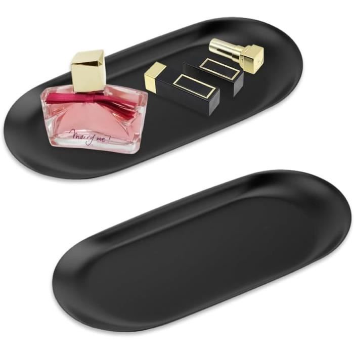 Petit Plateau Décoratif Noir En Acier Inoxydable 30x12 Cm - Ovale Élégant Pour Bijoux Et Desserts
