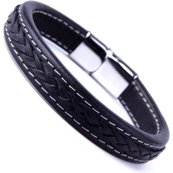 Bracelet Pour Homme En Acier Inoxydable Et Cuir Noir 19/21/23 Cm