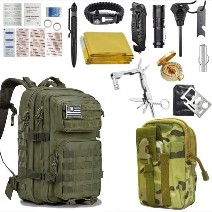 40 in 1 Kit de Survie d'urgence avec Sac à Dos Tactique 45L,Multifunctional Survival Kit de Survie pour Camping Randonnée Chasse