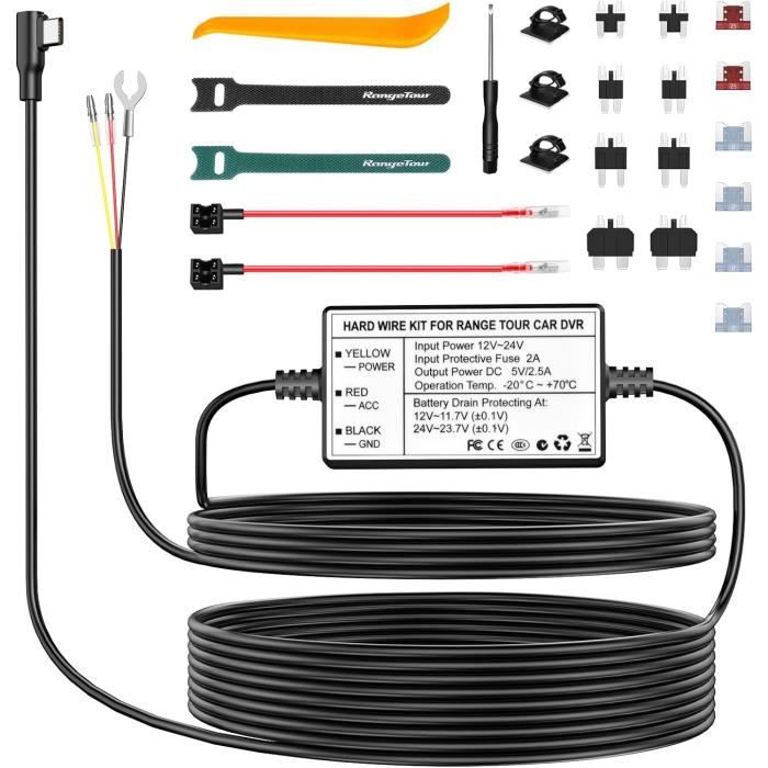 Dash Cam Hardwire Kit, USB-C Cordon d'alimentation pour Chargeur de