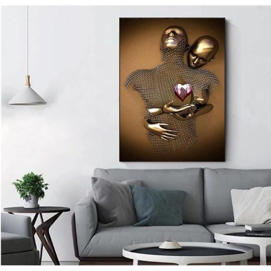 Décoration Murale Cœur 3D En Métal - Toile Abstraite Couple, 30x40 Cm, Style Moderne