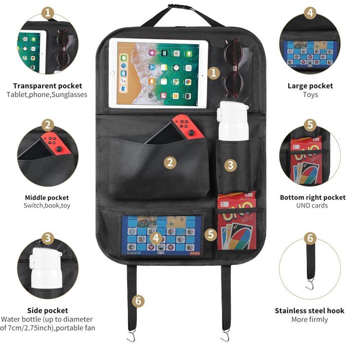 Organisateur Voiture Enfants Avec Table - Protection Siège Arrière, 8 Compartiments, Rangement Jouets Et Collations - 2