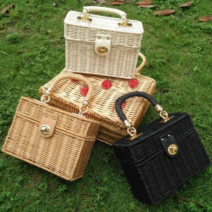 Sac Bandoulière Femme – Petit Sac En Paille Et Polyester – Idéal Plage, Shopping, Voyage