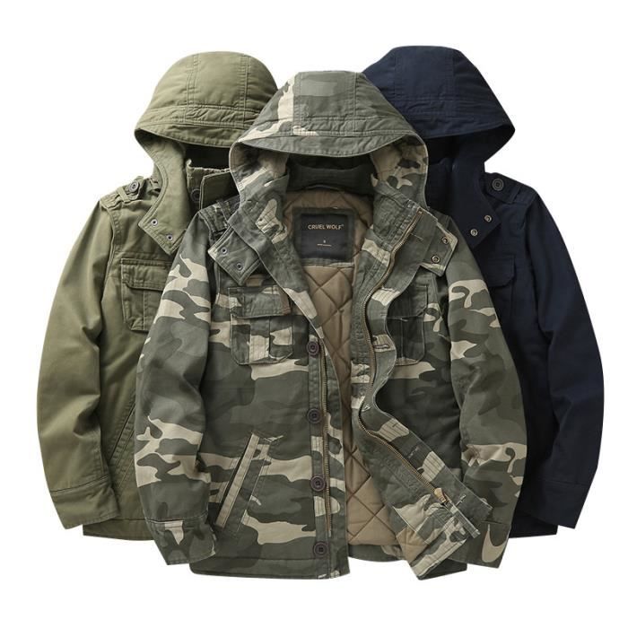 Blouson Hiver Militaire Homme Epais Chaude A Capuche en Coton Multi Poches Mi Longues INSFITY Camouflage