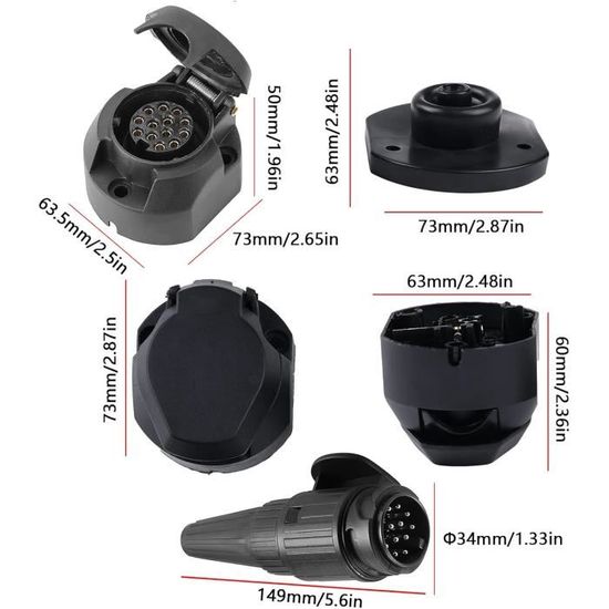 Adaptateur Prise Remorque 13 Broches - 2 Pièces Nylon Noir Pour Voiture - Connecteur Électrique Remorque Durée De Vie Longue