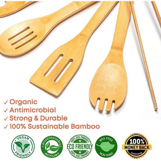 Ustensiles de Cuisine en Bois de Bambou – Set de 7 Accessoires Anti-Rayures  (Cuillères, Spatules, Pinces) – Ensemble Ustensiles de Cuisine en Bambou  100% Écologiques et Naturels – BlauKe® : : Cuisine et Maison