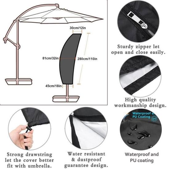 Housse Protection Parasol Déporté 2-4m PIETVOSS - Imperméable Avec Tige Et Sac Rangement Inclus