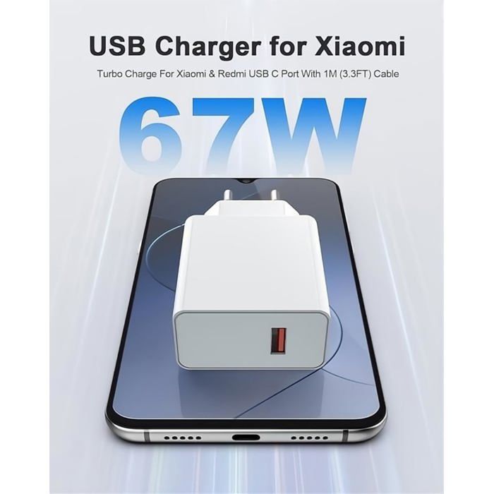 Chargeur Xiaomi USB 67W Avec Câble 6A, Turbo Charge Redmi Note 13 Pro ...