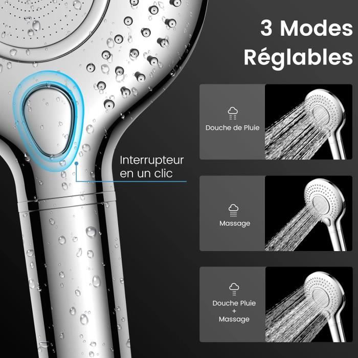 Pommeau De Douche Anti-calcaire Haute Pression | 4 Modes Jet + Filtre + Tuyau 1.5m | Économie D'eau 30% - 10