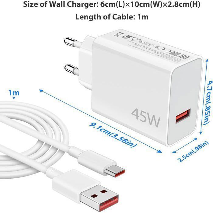 Chargeur Rapide 45W Avec Câble USB-C 1m Pour Xiaomi, Redmi, POCO - Compatible Mi 14, Pad 6, Note 14 Pro