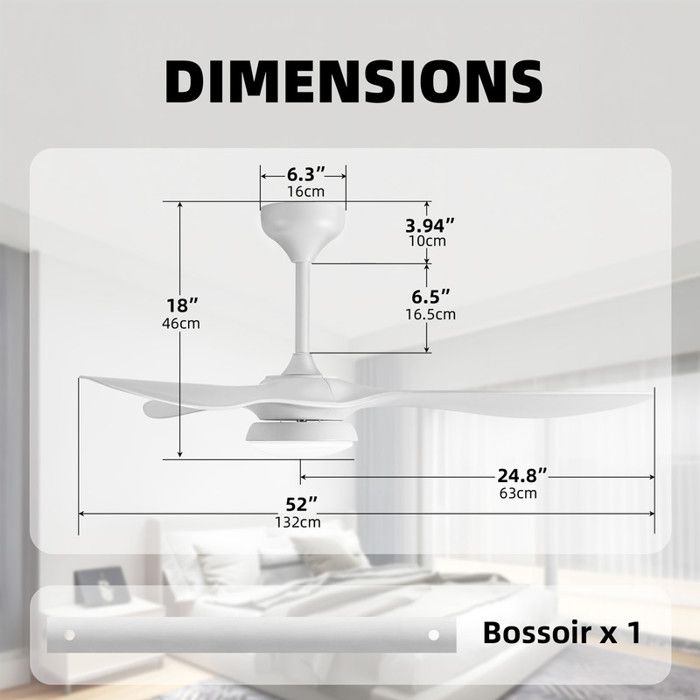 Brasseur d'air 122cm avec lumiere et telecommande - blanc