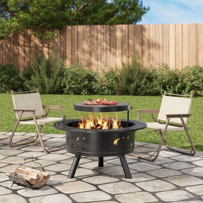 Brasero Jardin 2 En 1 Fonte Carré - Effet Bronze - Avec Housse Et Tisonnier - Pour Barbecue, Terrasse, Camping - 6