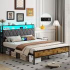 NHHF Cadre de Lit 140 x 190 avec Sommier en Métal, Lit 2 Personnes avec Lumières LED, Multiprise, Noir