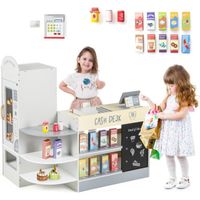 Marchande Enfants COSTWAY 15 Accessoires, Distributeur Automatique, Épicerie Enfants avec Tableau Noir,3-8 Ans Blanc