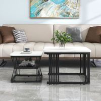 Lot de 2 Tables Basses Gigones avec Plateau en PVC imitation marbre et Tube mate d'acier mate, 65x65x45 cm, Blanc et Noir