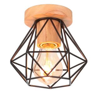 PLAFONNIER UNI Plafonnier Vintage Rétro E27 Lampe de Plafond Cage Diamant en Bois et Fer Noir