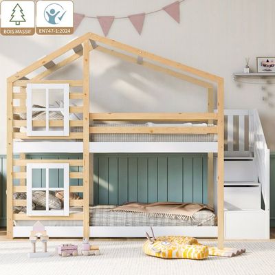 Sapgaks Lit Mezzanine Enfant 90x200 - Avec Bureau Et Rangements - Bois Massif + MDF