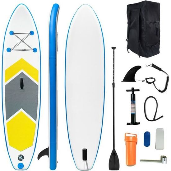 10FT Stand Up Paddle Board Gonflable, Planche à pagaie Réglable Pompe Leash de Sécurité Aileron Sac pour Enfant/Adulte