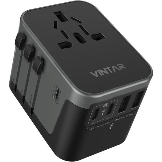Adaptateur Voyage Universel LENCENT 65W - 6 En 1 Avec USB-C/USB-A | Prise UK, EU, AU, US | Technologie GaN III | Noir