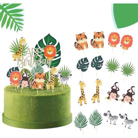 Décoration Gâteau Baby Shower Safari - Animaux Jungle (Singe, Lion, Éléphant) + 32 Boules