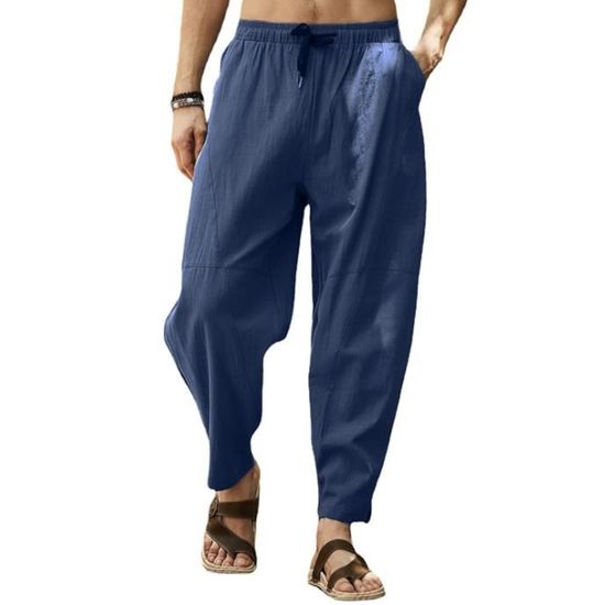Pantalon Homme Lin Et Coton Pantalon Toile Ete Pantalon Detente Yoga Leger Regular Taille Elastique Kaki Bleu Cdiscount Pret a Porter
