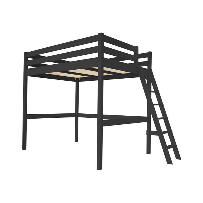 Lit Mezzanine Sylvia avec échelle bois - Couleur - Noir, Dimensions - 90x200