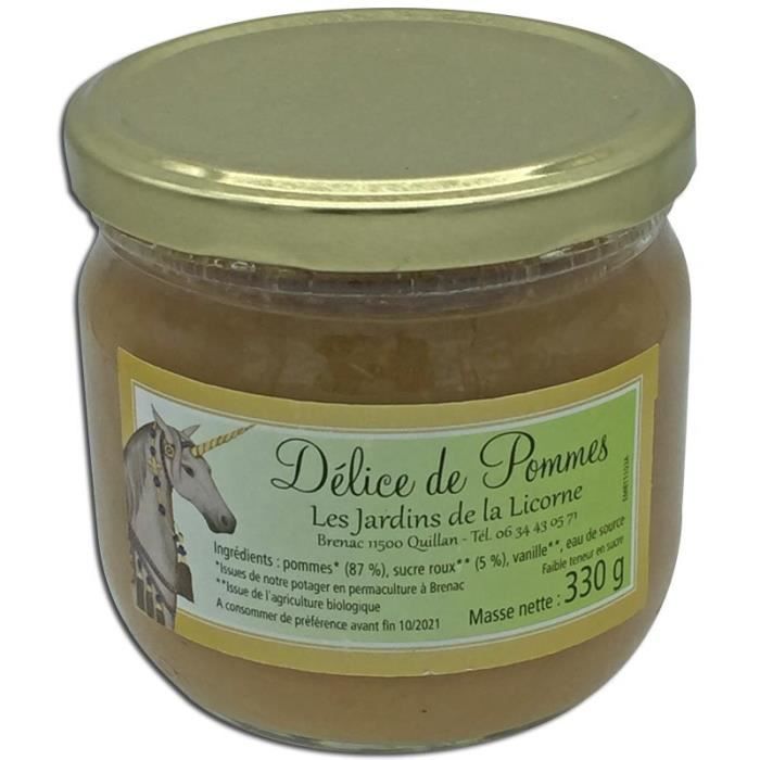 Délice de pomme, un délice de compote de pomme, allégée en sucre des Jardins de la Licorne Ingrédients : pommes* (87 %), sucre roux