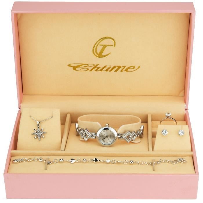 Coffret cadeau Montre Femme Argent- Parure de Bijoux - Collier - Bague- Boucles d'oreilles - Bracelet