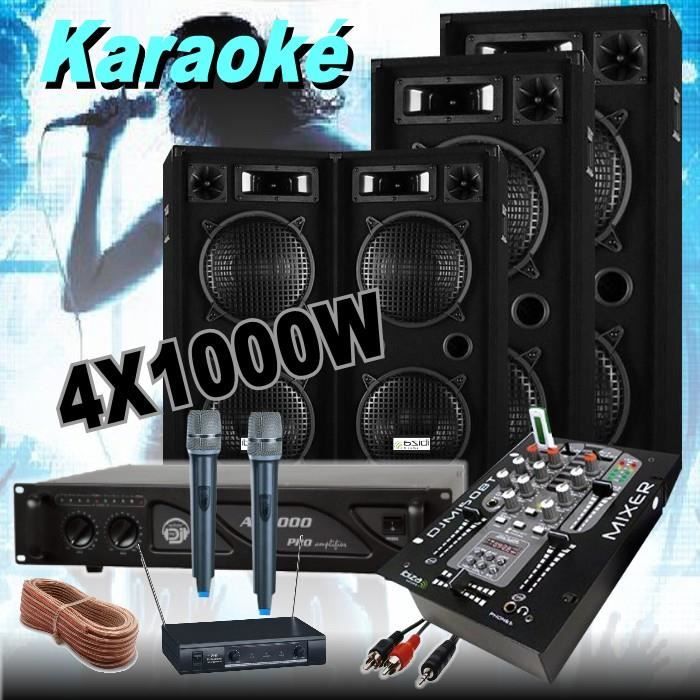 PACK KARAOKÉ + 2 MICROS HF + 1 AMPLI 2000W + 4 ENCEINTES 1000W + BLUETOOTH ... DJ-PA LED