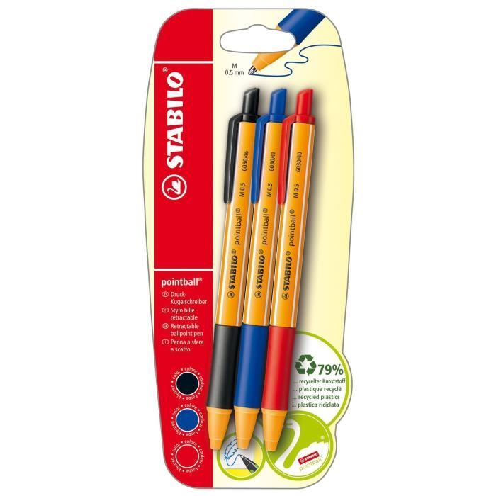 STABILO pointball - lot de 3 stylos-bille - noir + bleu + rouge
